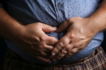 Overweight reality mans hand holds belly fat, depicting health concerns - obrazy, fototapety, plakaty