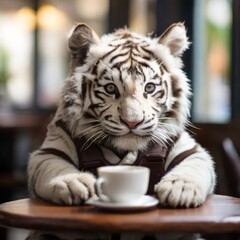 White tiger cub drinking a coffee in a French cafe