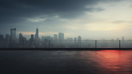 Fototapeta premium Balcony of a skyscrapers roof with view on city. Copy space. Generative AI