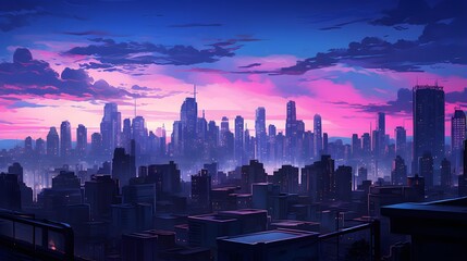 Panoramic view of the city at night with a beautiful sky