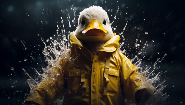 a rubber duck in a raincoat standing in the water