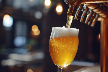 close-up of cold beer poured in a glass from beer tab in the background of modern pub. Drink concept of bar and pub. - obrazy, fototapety, plakaty