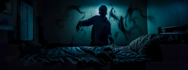 person in bed, seemingly caught in the throes of a nightmare. The dark room is illuminated by a single light source, casting eerie shadows that resemble spectral figures around the restless sleeper - obrazy, fototapety, plakaty
