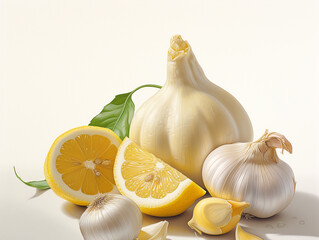 Fresh garlic and yellow lemon, cut into slices, on a white background