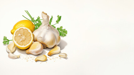 Fresh garlic and yellow lemon, cut into slices, on a white background