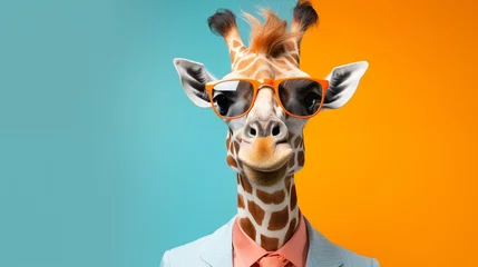 Zelfklevend Fotobehang Playful Giraffe in hilarious costume and sunglasses gazing at the camera with a comical expression, set against a vibrant monotone orange and blue background with copy space © alesia0604