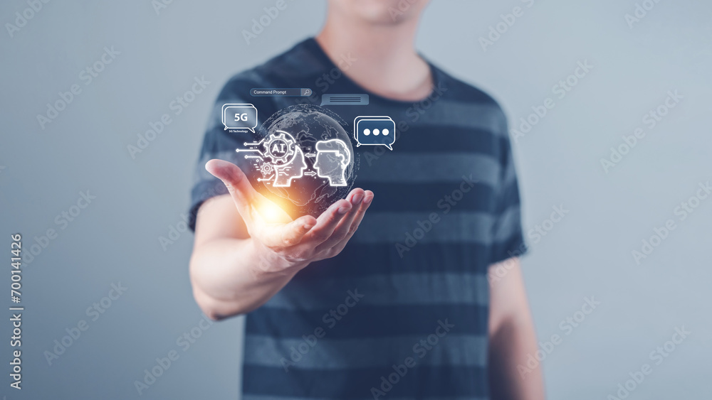 Fototapete casual businessman hand hold ai technology, learn and connect to network via 5g internet and cloud, 