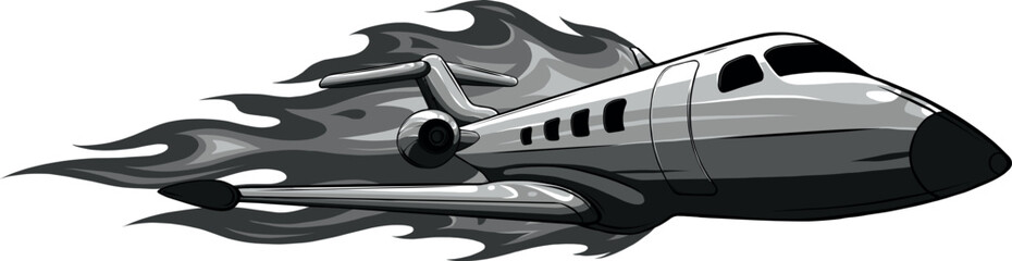 monochromatic illustration of Burning airplane on white background