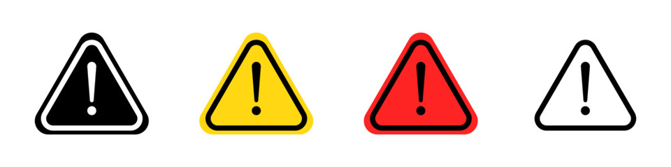 Isolated attention triangle symbols on isolated background. Caution icons set, exclamation mark, warning signs. Warning alert error concept: black, yellow, red color. Vector EPS 10