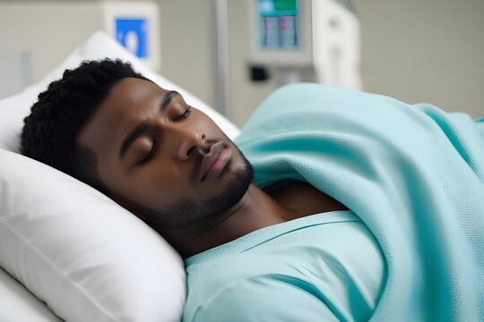 Portrait of a young black male sleeping sick in a hospital bed with a pained face, generative AI, background image