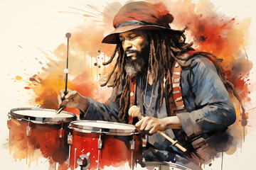 Fototapeta na wymiar Drummer Playing Percussion to Celebrate Brazilian Carnival Marches with Music, Artistic Illustration of a Tambourine Player Adding Musical Energy to Brazil's Parade
