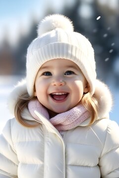 Portrait of a white toddler girl laughing loudly against winter atmosphere background with space for text, generative AI, background image