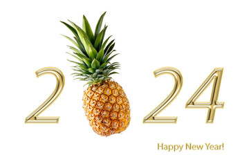 Happy new year 2024 greeting card. Pineapple fruit as number 0 in golden number 2024 isolated on white background. 