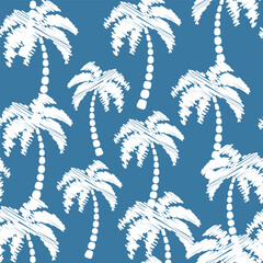Hand drawn palm tree seamless pattern on blue background