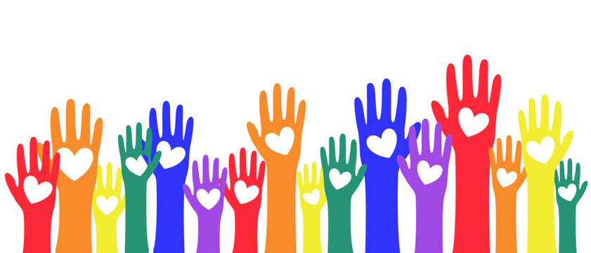 Rainbow hands with hearts, love is love, vector illustration on an isolated background. Vector illustration in support of LGBT communities