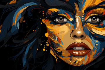 Colorful Makeup and Feathers for Brazilian Carnival Faces, Samba Elegance, Carnival Art Illustration Features a Beautiful Brazilian Dancer with Colorful Feathers and Vibrant Costumes