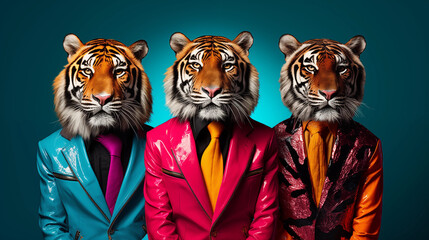 Tres tigres antropomórficos  vestidos como astros do Rock e do Pop - Papel de parede - obrazy, fototapety, plakaty