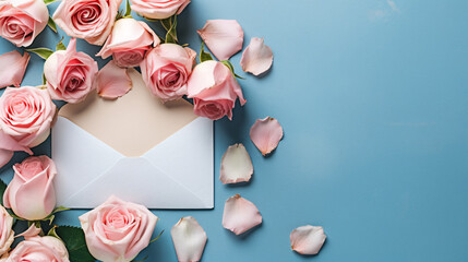 Beautiful pink rose flowers and envelope on blue background, congratulations and anniversary concept, Valentine s day background. - obrazy, fototapety, plakaty