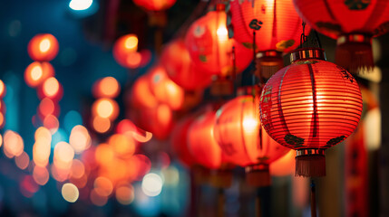 Chinese new year night decorated with illuminate red lanterns,Chinese new year background. - obrazy, fototapety, plakaty