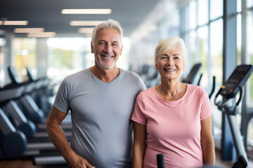 Fototapeta na wymiar Senior couple radiating health and positivity in gym setting with exercise equipment. Active lifestyle in later years. Fitness Inspiration for Retirees