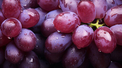 A cluster of red grapes with water droplets, fresh and tasty fruit, close up shot, healthy food...