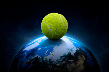 Tennis ball on night world in outer space abstract wallpaper