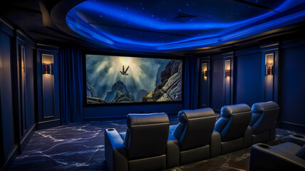 Deluxe home cinema with starry ceiling ambiance and mountain film scene - obrazy, fototapety, plakaty