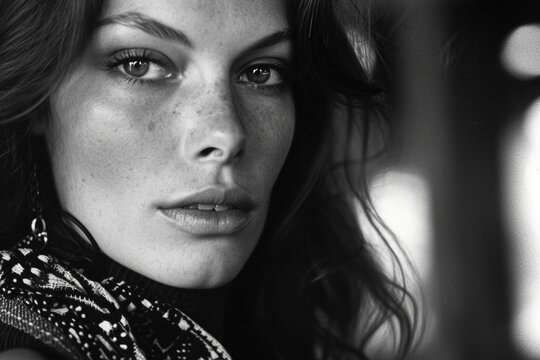 A 1970s-inspired wide shot captures the timeless elegance of a supermodel in a striking black and white photograph