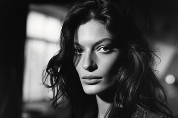 In the spirit of the 1970s, a supermodel exudes vintage glamour in a captivating wide shot presented in classic black and white