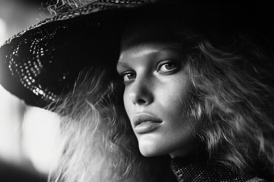 In the spirit of the 1970s, a supermodel exudes vintage glamour in a captivating wide shot presented in classic black and white