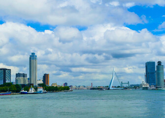 View to Skyline Rotterdam Netherlands with Erasmus Bridge