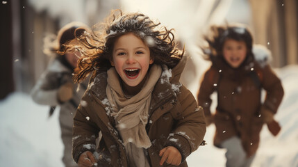 Kind lacht in die Kamera - Kinder rennen im Winter bei Schnee - obrazy, fototapety, plakaty