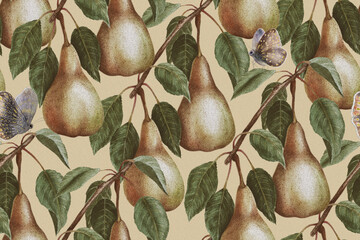 Seamless pattern in retro style with pears and butterflies, drawn in watercolor
