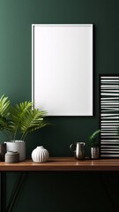 Modern Interior Mock-Up: White Poster Frame on Green Wall with Dark Wooden Table