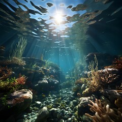 Fototapeta na wymiar Underwater view of coral reef with sun rays and lens flare.