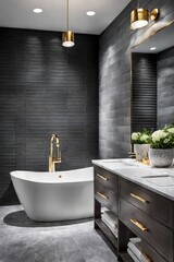 Luxurious bathroom with dual white porcelain undermount sinks, gold wall-mount faucets, grey subway tile, and a freestanding tub.