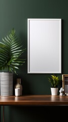 Modern Interior Mock-Up: White Poster Frame on Green Wall with Dark Wooden Table