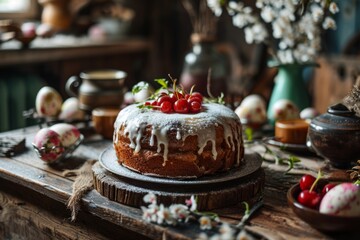Traditional Easter cake kulich or sweet bread on a wooden table in a rustic kitchen