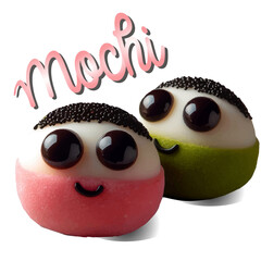 mochi, pink and green Japanese rice flour cakes in the form of cartoon style balls with eyes