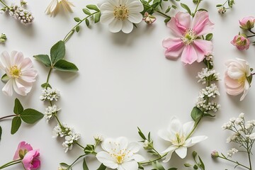 Circular arrangement of beautiful flowers on neutral surface