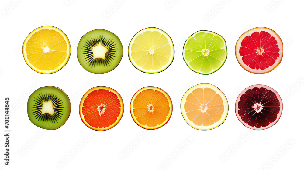 Poster fresh round slices of different tropical fruits isolated on white created with generative ai