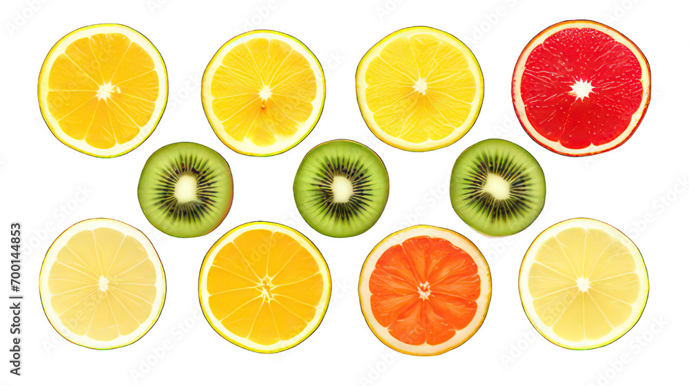 Poster fresh round slices of different tropical fruits isolated on white created with generative ai