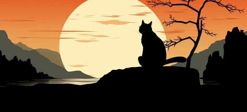 A calm and meditative cat silhouette with elements like a Zen garden or yoga pose, promoting tranquility and mindfulness