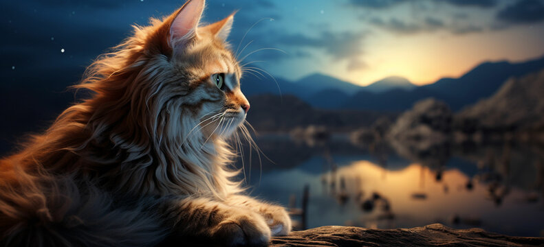 A cat sitting gracefully against a backdrop of a large, full moon, creating a mysterious and enchanting atmosphere.
