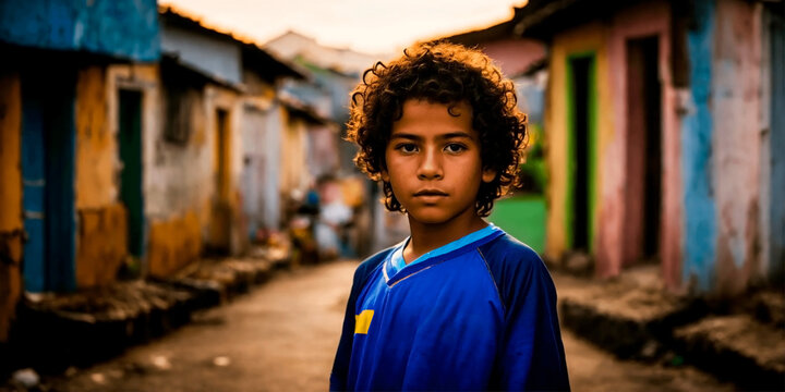 Portrait of a Brazilian boy in blurred street of a favela. Banner format.