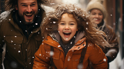 Lachende Familie beim Winterspaziergang - Schneefall Winter