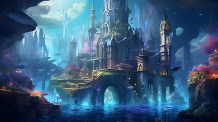 Fantasy fantasy landscape with castle, bridge and river. Digital painting.