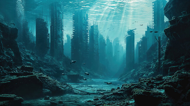Ruins of modern city with skyscrapers sunk at bottom of sea, post apocalyptic underwater scene.