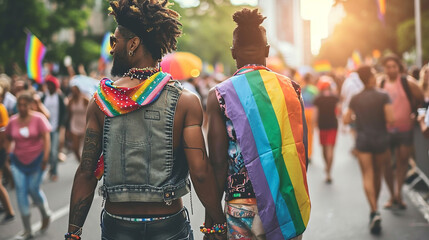 2 men marching in a pride parade