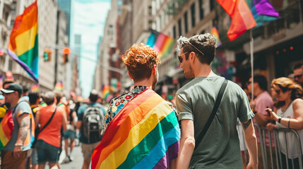 2 men marching in a pride parade - obrazy, fototapety, plakaty